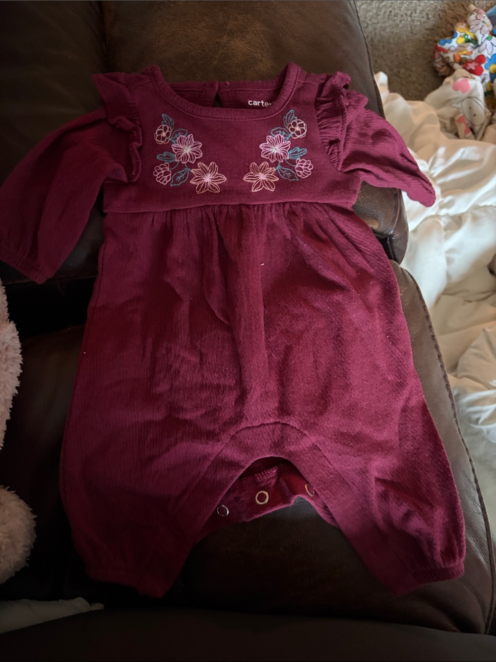 Carter's Deep Wine Floral Corduroy Romper